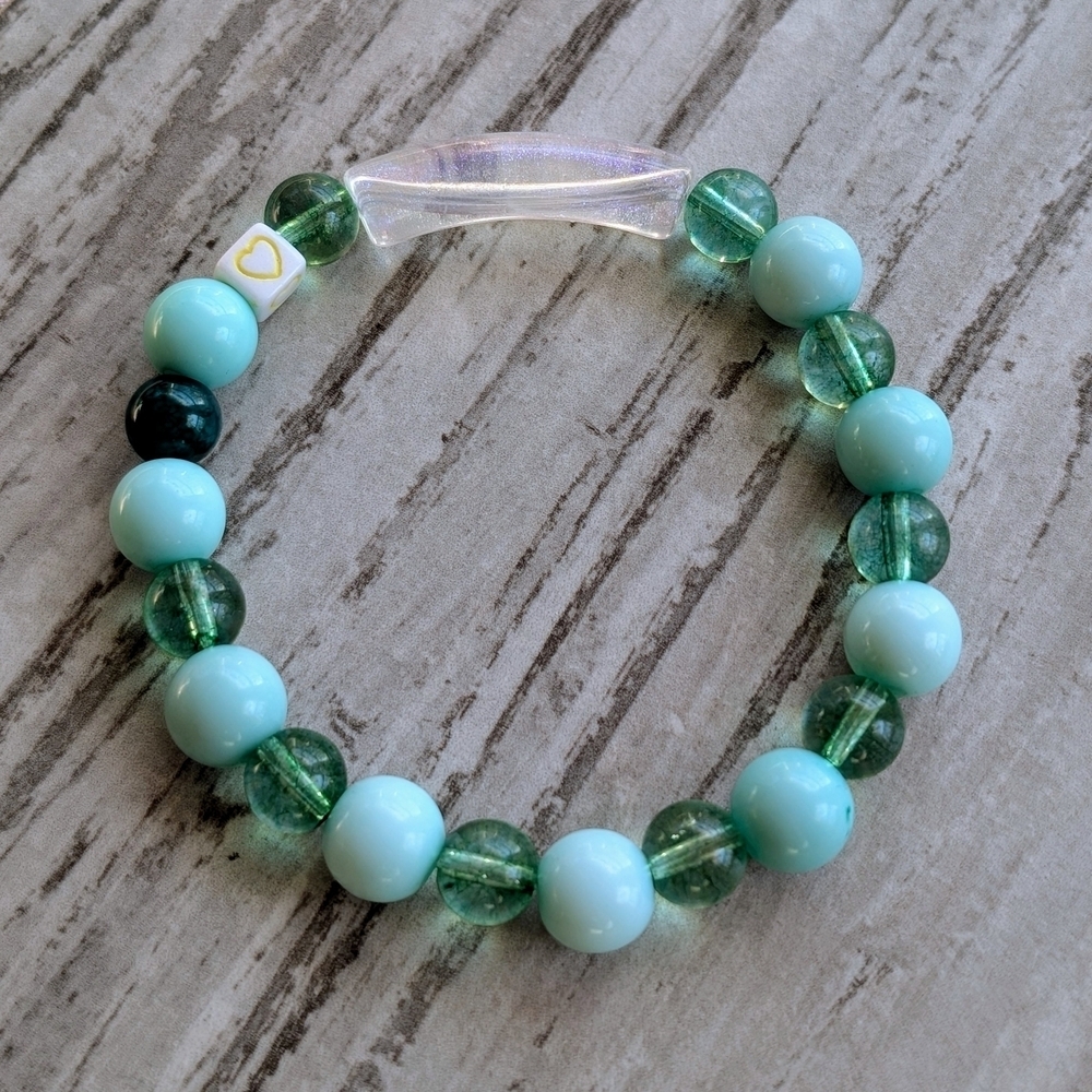 St. Patrick's Day green and teal beaded stretch bracelet